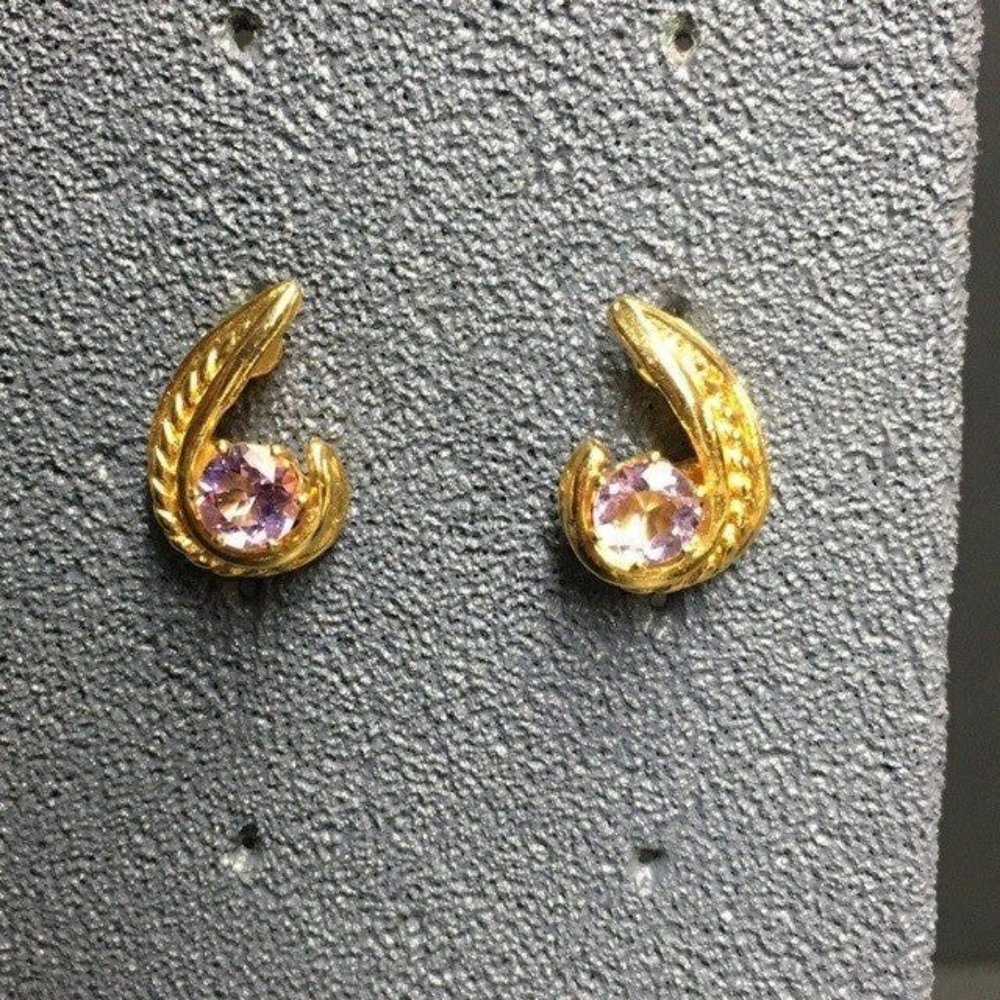 Pierced Earrings Gold Curl Swirl Purple Rhinestone Small Retro BoHo
